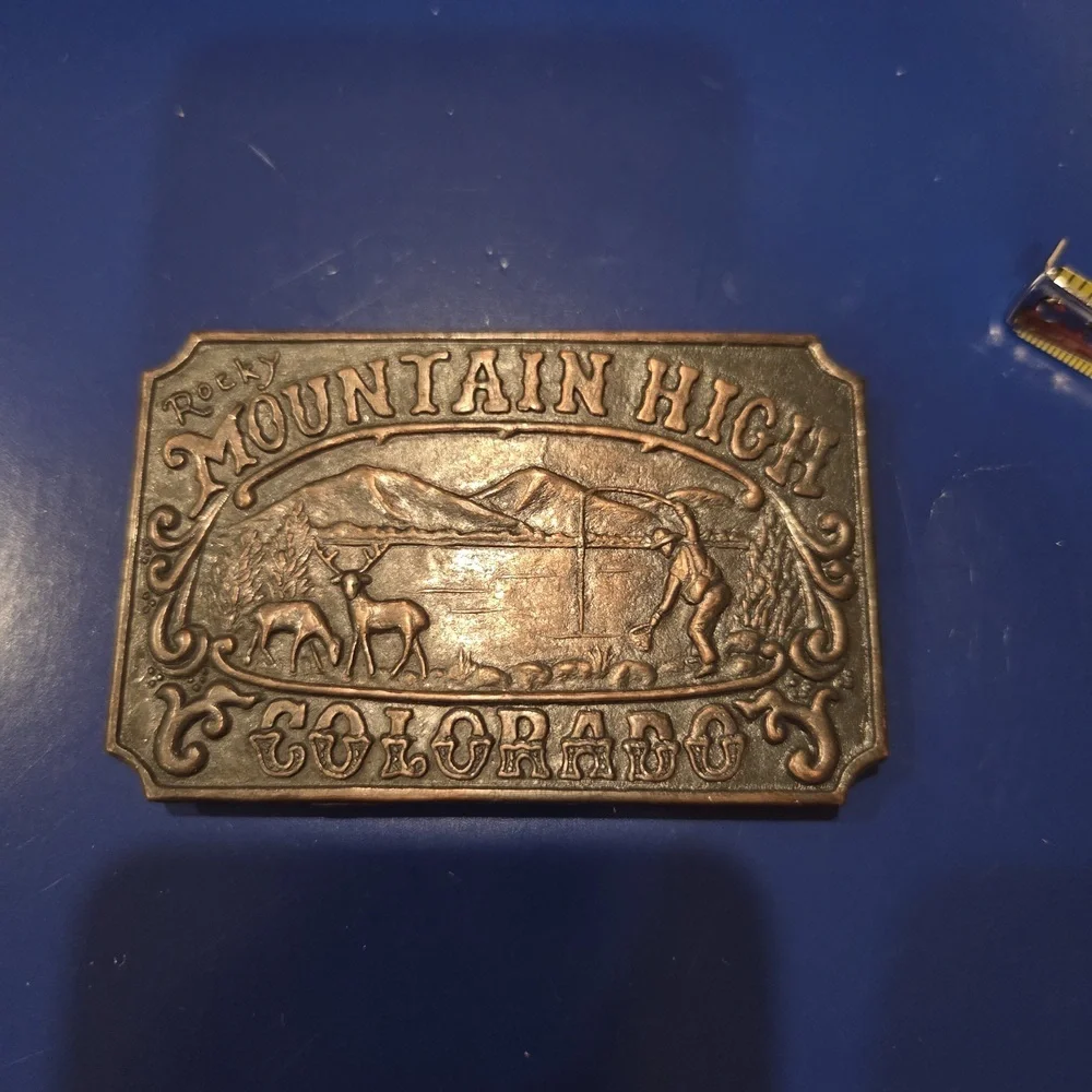 Vintage Rocky Mountain High Colorado Brass Belt Buckle Deer Mountains Hiker